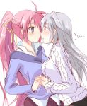  2girls blue_eyes blush breasts casual eye_contact face-to-face holding_hands interlocked_fingers large_breasts long_hair long_sleeves looking_at_another lyrical_nanoha mahou_shoujo_lyrical_nanoha mahou_shoujo_lyrical_nanoha_a&#039;s multiple_girls oimo pink_hair ponytail red_eyes reinforce signum silver_hair sweater very_long_hair white_background yuri 
