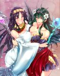  2girls bare_shoulders black_hair breast_press breasts cleavage green_hair highres isis_(p&amp;d) large_breasts multiple_girls persephone_(p&amp;d) pout puzzle_&amp;_dragons red_eyes smile staff symmetrical_docking violet_eyes wings yamaneko 