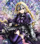  1girl armor armored_dress blonde_hair braid capelet dress fate/apocrypha fate/zero fate_(series) flower gauntlets headpiece lily_(flower) manbosakuranbo ruler_(fate/apocrypha) single_braid solo stained_glass thigh-highs violet_eyes 