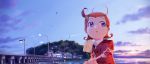  1girl ahoge bird blue_eyes bridge cojibou comet_(comet-san) cosmic_baton_girl_comet-san dock dusk hair_ornament hoodie la_valmot_provone lantern lighthouse ocean redhead scenery short_hair sky solo star wand 