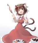  1girl animal_ears bow brown_eyes brown_hair cat_ears cat_tail chen dress earrings fang fish food hat jewelry long_sleeves looking_at_viewer multiple_tails nekoguruma open_mouth red_dress red_nails shirt simple_background single_earring smile solo stick tail touhou white_background 