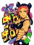  1girl 2f_sq bare_shoulders black_hair braid butterfly clenched_hand dagger double_bun fighting_stance green_eyes jojo_no_kimyou_na_bouken kuujou_jolyne midriff multicolored_hair pink_hair two-tone_hair weapon 