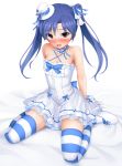  1girl bare_shoulders blue_hair blush brown_eyes choker eto hat highres idolmaster kisaragi_chihaya long_hair looking_at_viewer mini_top_hat open_mouth sitting solo striped striped_legwear thighhighs top_hat twintails wariza 