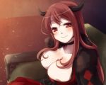  1girl breasts brown_hair bursting_breasts choker cleavage fur_trim hifmoon horns large_breasts long_hair looking_at_viewer maou_(maoyuu) maoyuu_maou_yuusha sitting smile solo 