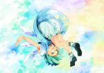  1girl asuna_(i_luv) bloomers blue_dress blue_eyes blue_hair bow cirno dress hair_bow ice ice_wings looking_at_viewer open_mouth puffy_sleeves short_hair short_sleeves smile solo touhou upskirt wings 