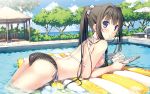  1girl :o alternate_hairstyle arm_support ass ayase_sayuki beach_umbrella bikini black_hair blue_eyes blush book breast_press bush clouds cube gazebo hair_intakes highres inflatable_raft kantoku long_hair looking_at_viewer looking_back lounge_chair lying on_stomach parted_lips polka_dot polka_dot_bikini polka_dot_swimsuit ponytail pool scrunchie side-tie_bikini sky solo strap_gap swimsuit tree water wet your_diary 