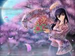  1girl black_hair brown_hair cherry_blossoms fan floral_print full_moon japanese_clothes kimono long_hair moon petals serio555 solo umenokouji_aoi virtua_fighter wide_sleeves 