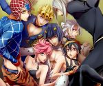  1girl 5boys black_hair blonde_hair bruno_bucciarati giorno_giovanna guido_mista hat jojo_no_kimyou_na_bouken joka_(night_gate) leone_abbachio midriff multiple_boys narancia_ghirga pannacotta_fugo pink_hair short_hair silver_hair trish_una 