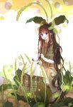  1girl braid brown_hair dress leaf long_hair open_mouth original sitting smile solo violet_eyes xiao_guiling 