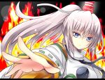  1girl blue_eyes bust flame hat japanese_clothes kariginu letterboxed long_hair mononobe_no_futo no_hat no_headwear object_on_head ponytail shinekalta silver_hair solo tenga touhou 