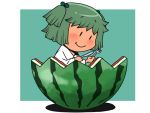  1girl braid food fork fruit green_hair hair_bobbles hair_ornament in_container in_food japanese_clothes kimono kisume knife onikobe_rin smile solo touhou twin_braids watermelon yukata |_| 