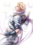  1boy blonde_hair bubble caesar_anthonio_zeppeli facial_mark feathers fingerless_gloves gloves green_eyes green_jacket headband highres jacket jojo_no_kimyou_na_bouken realistic scarf solo vetania 