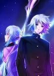  1boy 1girl back-to-back blue_eyes brown_eyes gakuran hair_bun hyoubu_kyousuke lightning long_hair long_sleeves rimorimo school_uniform short_hair silver_hair sky star_(sky) starry_sky the_unlimited:_hyoubu_kyousuke tsubomi_fujiko zettai_karen_children 