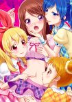  4girls :o aikatsu! arisugawa_otome belly_button belly_poke biting blonde_hair blue_eyes blue_hair blush brown_eyes brown_hair ear_biting girl_sandwich hair_ribbon hand_on_another&#039;s_cheek hand_on_leg hoshimiya_ichigo kiriya_aoi long_hair looking_at_viewer midriff multiple_girls navel open_mouth plaid plaid_skirt poking red_eyes ribbon shibuki_ran skirt smile tongue tongue_out violet_eyes yuri yuu_(derodero) 