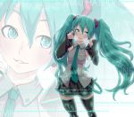  1girl character_name detached_sleeves green_eyes green_hair hatsune_miku headset highres long_hair necktie skirt solo thigh-highs touzai twintails very_long_hair vocaloid zoom_layer 