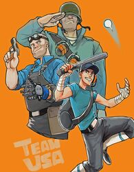  3boys artist_request baseball baseball_bat english goggles goggles_on_head gun gunslinger_(tf2) hat headset male multiple_boys salute simple_background team_fortress_2 the_engineer the_scout the_soldier weapon 