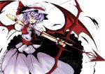  1girl ascot blue_hair bow_(weapon) fang hat hat_ribbon hatsuka_(exsilver) open_mouth puffy_sleeves red_eyes remilia_scarlet ribbon sash shirt short_sleeves skirt skirt_set solo spear_the_gungnir touhou weapon wrist_cuffs 