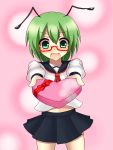  1girl alternate_costume antennae blush candy eyes green green_hair haniwagi_(hal) school_uniform serafuku short_hair skirt solo touhou valentine wriggle_nightbug 