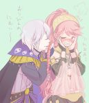  1boy 1girl blush braid cape closed_eyes fire_emblem fire_emblem:_kakusei gloves hair_kiss hairband hands_on_own_cheeks hands_on_own_face henry_(fire_emblem) long_hair mekiti olivia_(fire_emblem) pink_hair ponytail short_hair silver_hair smile twin_braids wavy_mouth 