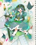  1girl backpack bag blue_eyes blue_hair blush boots brush bubble eraser fish hair_bobbles hair_ornament hat kawashiro_nitori key open_mouth pencil protractor ringetsumon ruler short_hair skirt solo touhou triangle twintails 