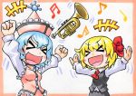  &gt;_&lt; 2girls blonde_hair blue_hair blush_stickers bow breasts clenched_hand floating frills hair_bow happy hat instrument kawachi_koorogi merlin_prismriver multiple_girls musical_note open_mouth outstretched_arms rumia touhou trumpet 