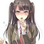  1girl blazer blush brown_eyes brown_hair chin_rest flying_sweatdrops long_hair looking_at_viewer open_mouth original school_uniform solo sweatdrop twintails two_side_up ygo 