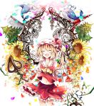  1girl ascot azumamutuki blonde_hair cat closed_eyes colorful dolphin flandre_scarlet flower highres laevatein open_mouth short_hair side_ponytail skirt skirt_set smile solo sunflower tokyo_tower touhou tree whale wings 