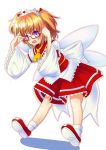  1girl absurdres adjusting_glasses ascot bespectacled blue_eyes bow dress fairy_wings fang glasses hair_ribbon headdress hidamari_(artist) highres long_sleeves looking_at_viewer open_mouth orange_hair outline raised_finger red-framed_glasses ribbon shadow short_hair simple_background solo sunny_milk touhou twintails white_background wide_sleeves wings 