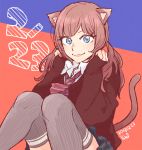  1girl :3 animal_ears artist_name blue_eyes cardigan cat_ears cat_tail dated grey_legwear hands_on_own_cheeks hands_on_own_face long_hair necktie original peg redhead school_uniform signature sitting skirt sleeves_past_wrists smile solo tail thigh-highs twintails 