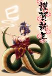  1girl bare_shoulders breasts cleavage flower hair_flower hair_ornament hair_up highres japanese_clothes kimono lamia large_breasts men_ori monster_girl nail_polish off_shoulder original pipe scales smoking snake_tail solo yellow_eyes 