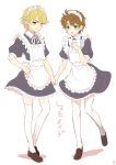  2boys alternate_costume apron blonde_hair brown_hair crossdressinging dio_brando enmaided green_eyes jojo_no_kimyou_na_bouken jonathan_joestar maid maid_headdress multiple_boys pantyhose rwk thigh-highs yellow_eyes young 