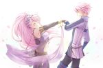  1boy 1girl azur_(fire_emblem) braid closed_eyes fire_emblem fire_emblem:_kakusei gloves hairband holding_hands long_hair olivia_(fire_emblem) open_mouth pink_hair ponytail short_hair takana_(srplus) twin_braids very_long_hair 