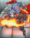  1girl armor blue_hair fighting_stance fire green_eyes long_hair original scarf solo weapon yoruusagi 