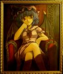  1girl armchair bat_wings blue_hair fang hat highres oil_painting_(medium) red_eyes remilia_scarlet sitting smile throne touhou traditional_media wings yo-chaosangel 