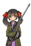  brown_eyes brown_hair gun hair_ribbon jiang-ge l96a1 long_hair military military_uniform ribbon rifle sleeves_past_wrists sniper_rifle sora_no_woto suminoya_kureha twintails uniform weapon 