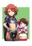  2girls bandages bike_shorts blue_eyes bow brown_hair chaps child clenched_teeth hair_bow hair_ornament hand_on_hip highres horns kousaku leaf looking_at_viewer multiple_girls necktie original red_eyes redhead short_hair twintails 