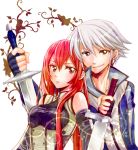  1boy 1girl azur_(fire_emblem) fire_emblem fire_emblem:_kakusei gloves holy_pledge long_hair red_eyes redhead selena_(fire_emblem:_kakusei) short_hair silver_hair smile sword weapon 