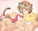 &gt;_&lt; 1girl :3 animal_ears biyon black_hair blonde_hair cat closed_eyes fourth_wall hair_ornament hug kemonomimi_mode looking_at_viewer lying multicolored_hair nazrin nazrin_(mouse) on_stomach poyo_(poyopoyo_kansatsu_nikki) poyopoyo_kansatsu_nikki shirt short_hair skirt solid_circle_eyes tail tiger_ears tiger_print tiger_tail too_many_cats toramaru_shou touhou trembling two-tone_hair vest 