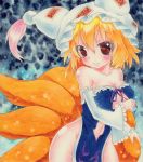  1girl adapted_costume animal_ears bare_shoulders blonde_hair breasts brown_eyes china_dress chinese_clothes cleavage cleavage_cutout detached_sleeves fox_ears fox_tail hat multiple_tails qqqrinkappp short_hair smile tail touhou traditional_media watercolor_pencil_(medium) yakumo_ran 