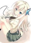  1girl aqua_eyes black_legwear blonde_hair blush boku_wa_tomodachi_ga_sukunai butterfly butterfly_hair_ornament controller fang game_controller gamepad girls_playing_games hair_ornament kashiwazaki_sena kneehighs long_hair open_mouth playing_games reveksa_(indrijulianaa) school_uniform skirt solo 