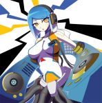  1girl album_cover blue_hair bob_cut breasts cable cover headphones large_breasts mitsumi_(fuha-2) mixing_table no_legs original short_hair solo yellow_eyes 
