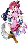  2girls ;d aida_mana blue_eyes blue_hair dokidoki!_precure dress_shirt flipped_hair half_updo hishikawa_rikka long_hair mittwoch multiple_girls open_mouth pink_eyes pink_hair precure purple_legwear shirt shoes short_hair skirt smile striped striped_shirt thigh-highs white_background wink 