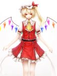  1girl ascot blonde_hair flandre_scarlet hat hat_ribbon nishi_masakazu red_eyes ribbon short_hair side_ponytail skirt skirt_set solo touhou white_background wings 