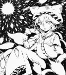  1girl danmaku dress fang fox_tail hands_in_sleeves hat looking_at_viewer monochrome multiple_tails open_mouth qqqrinkappp short_hair solo tail touhou yakumo_ran 