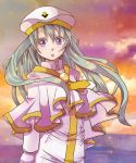  1girl alice_carroll aria bust clouds green_hair hat sky solo star_(sky) starry_sky sunset tomomi_(mltplus) uniform violet_eyes 