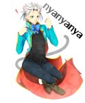  1boy animal_ears blue_eyes blush bow cat_ears cat_tail devil_may_cry haine_(howling) kemonomimi_mode long_coat solo tail vergil white_hair 