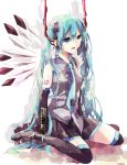  1girl blue_eyes blue_hair boots detached_sleeves hatsune_miku long_hair necktie sitting solo thigh-highs thigh_boots vocaloid wariza wings wire 