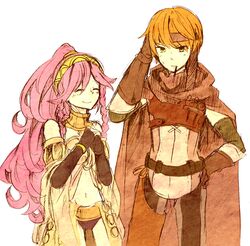  1boy 1girl braid closed_eyes fire_emblem fire_emblem:_kakusei gaia_(fire_emblem) gloves green_eyes hand_on_hip headband highres long_hair midriff navel olivia_(fire_emblem) orange_hair pink_hair pitoichi pocky ponytail short_hair sketch smile twin_braids very_long_hair 