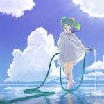  1girl barefoot clouds cojibou dress green_hair hair_bobbles hair_ornament original red_eyes side_ponytail smile solo water water_hose 