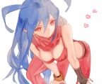  1girl 3838383 bent_over bikini_top blue_hair breasts disgaea disgaea_d2 fingerless_gloves gloves hanging_breasts heart laharl-chan leaning_forward long_hair midriff pointy_ears red_eyes scarf simple_background solo white_background 